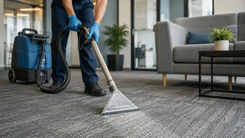 Professional carpet extractor cleaning carpet in a commercial office lounge