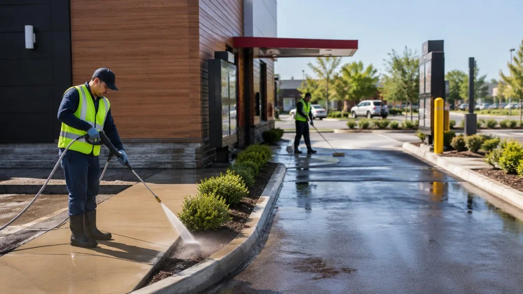Workers cleaning a commercial drive-thru lane and surrounding exterior surfaces