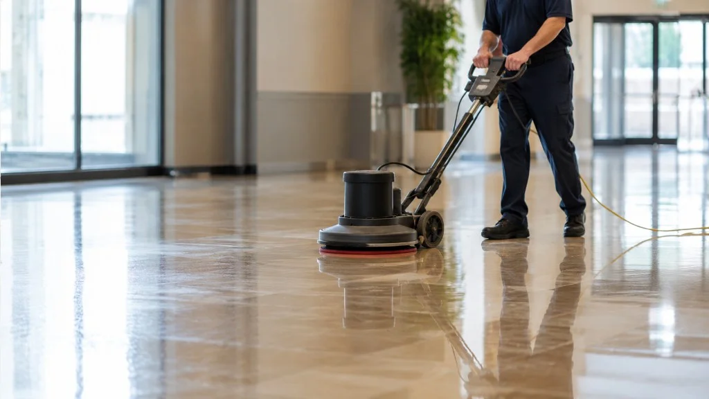 Worker operating a commercial floor buffer on a polished hard-surface floor