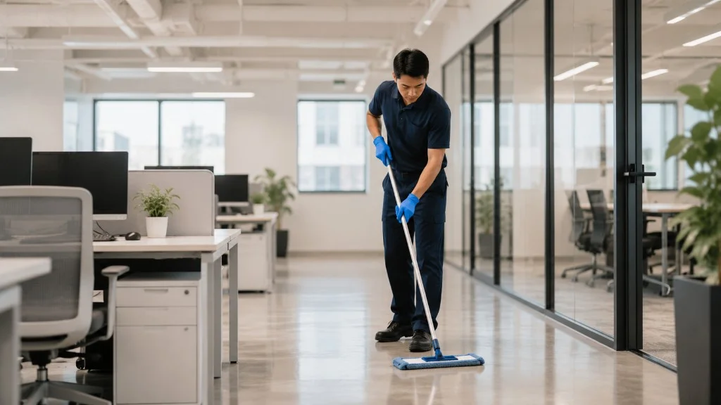 Professional cleaner mopping inside a modern office