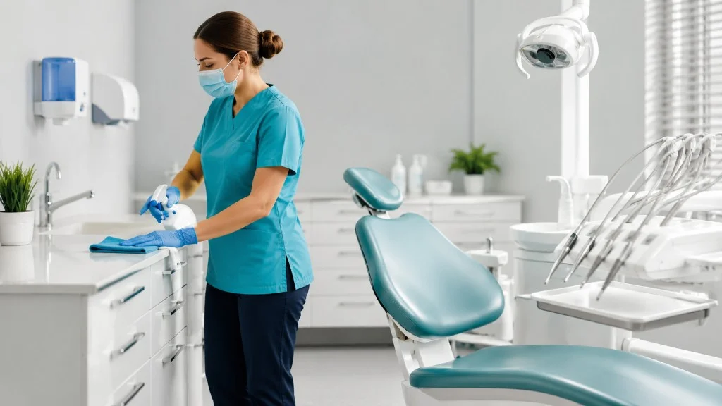Cleaner disinfecting and wiping surfaces inside a modern dental clinic