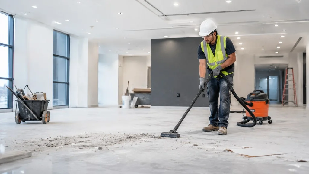 Worker cleaning dust and construction debris inside a newly renovated commercial space