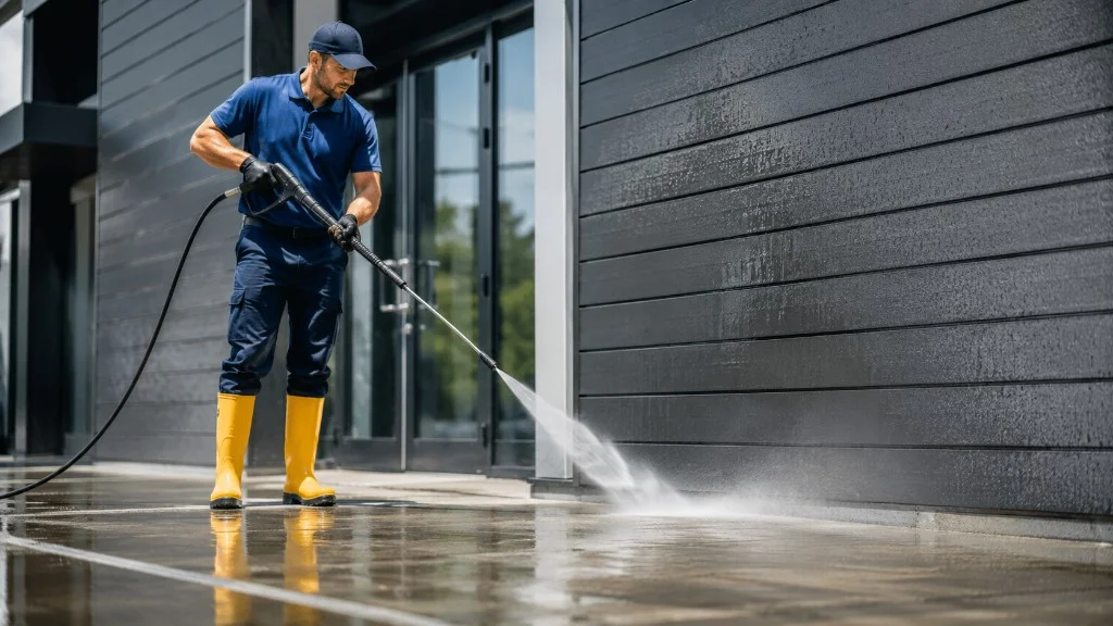 Worker pressure-washing the exterior wall and walkway of a commercial building