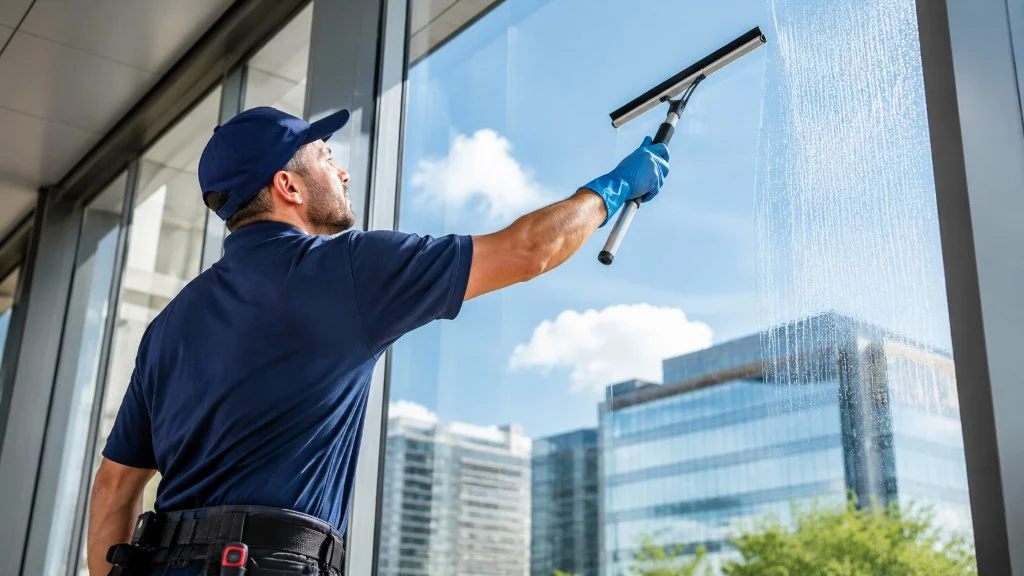 Professional cleaner using a squeegee on large commercial windows